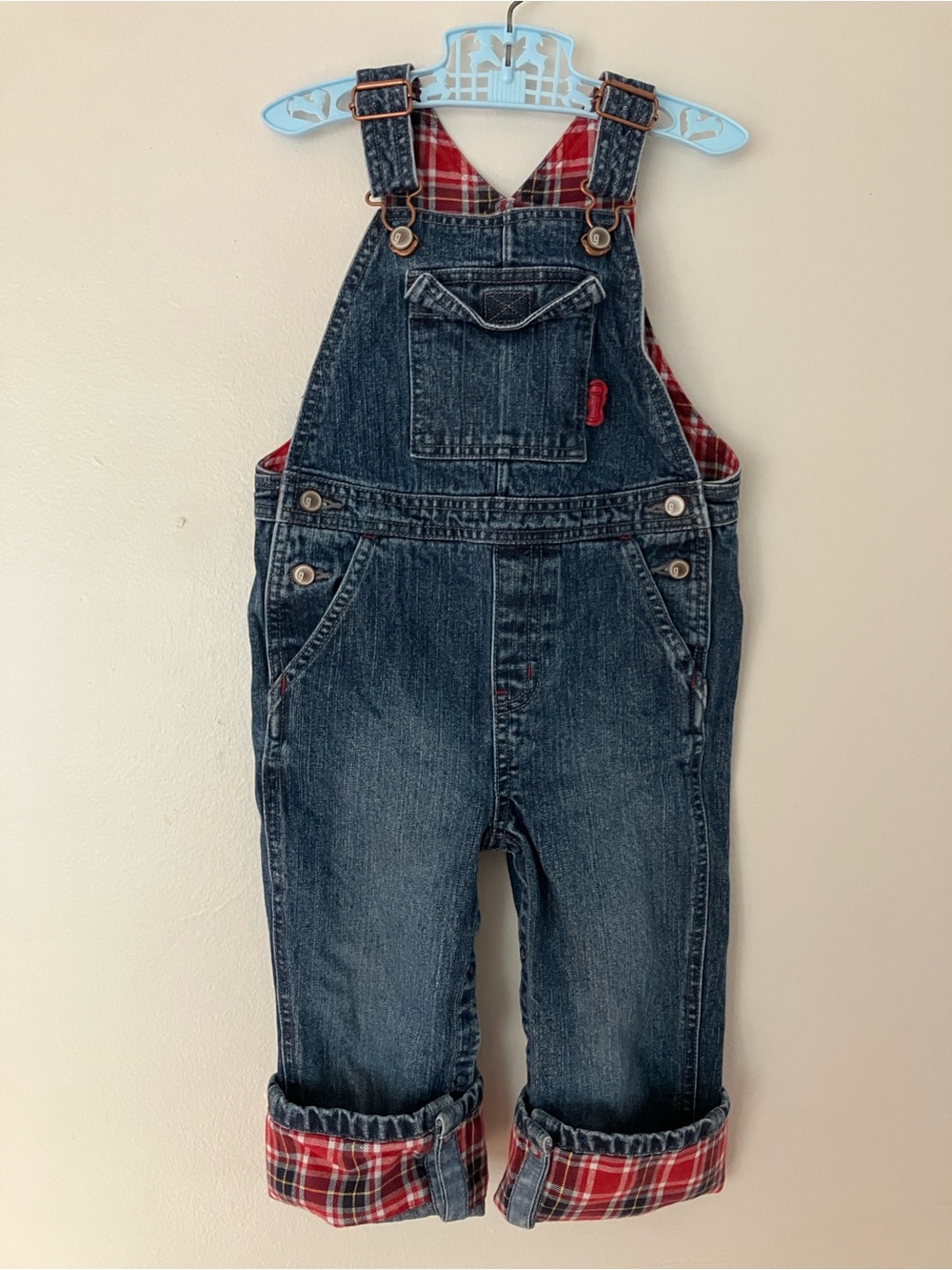 Vintage Y2K Gymboree 2T Plaid-Lined Denim Overalls 2005 Firehouse No. 5